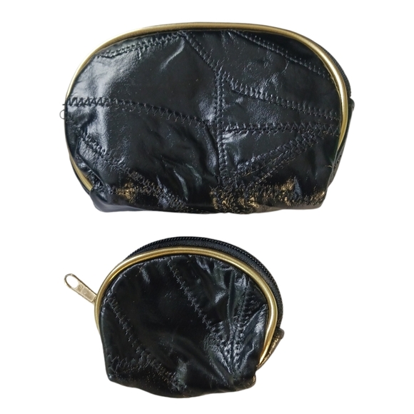 Vintage Black Leather Coin Pouch  & Cosmetic Bag NWOT - Picture 1 of 3